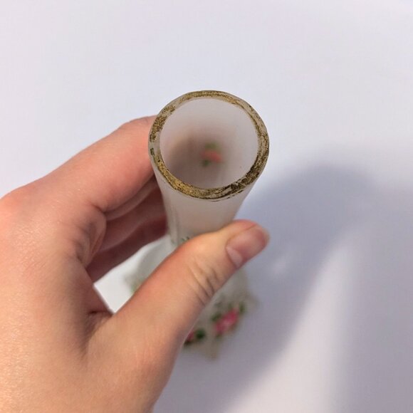 Vintage Frosted Glass Vase Hand Painted Flower Pattern Gold Edge Retro Decor - Picture 2 of 5